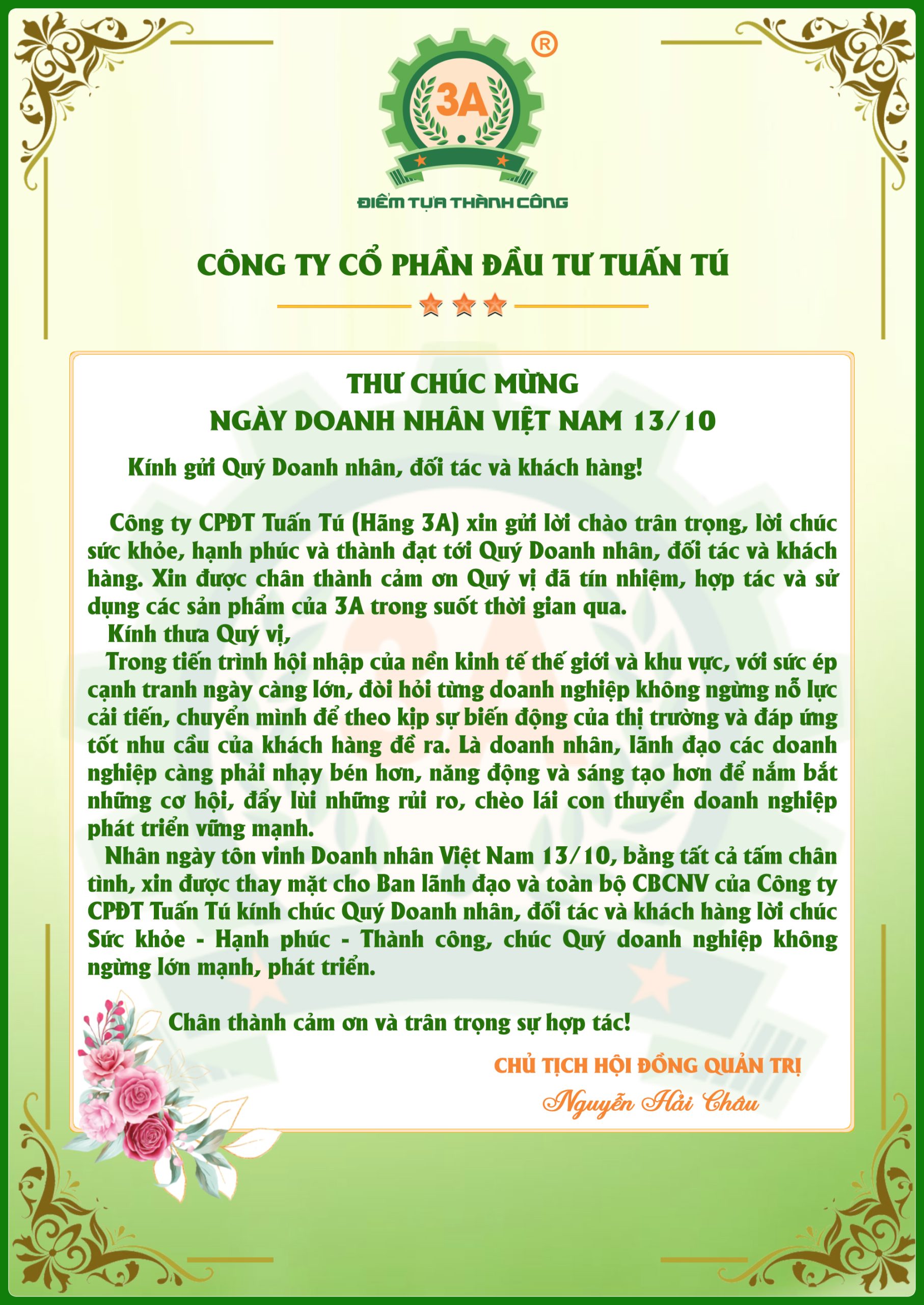 THƯ CHÚC MỪNG NGÀY DOANH NHÂN VIỆT NAM 13/10