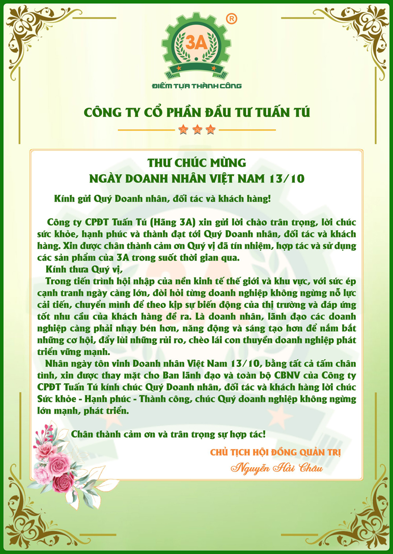 Thư chúc mừng ngày Doanh nhân Việt Nam 13/10