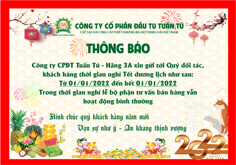 Thông báo lịch Tết dương lịch 2022 – Công ty CPĐT Tuấn Tú