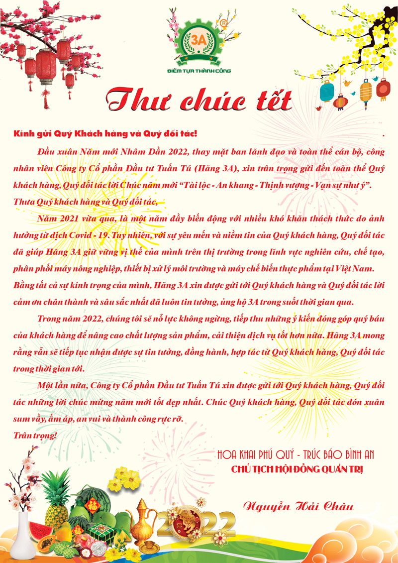 Thư chúc Tết Nhâm Dần 2022 – Công Ty Cổ phần Đầu tư Tuấn Tú