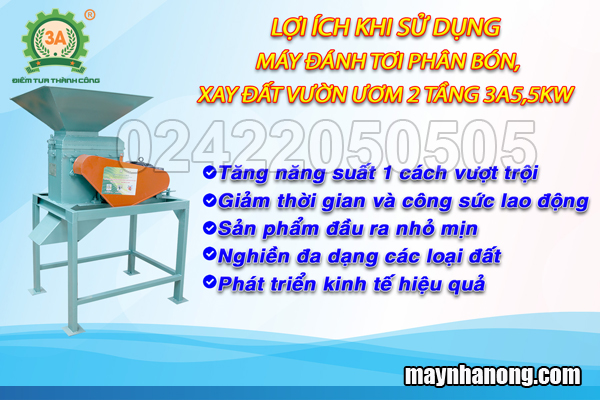 Máy đánh tơi phân bón, xay đất vườn ươm 2 tầng 3A5,5Kw