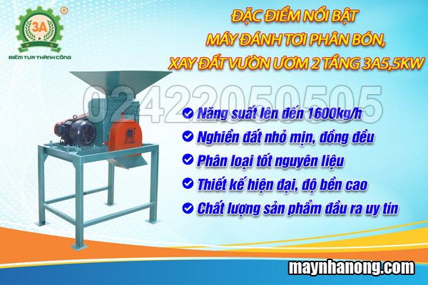 Máy đánh tơi phân bón, xay đất vườn ươm 2 tầng 3A5,5Kw